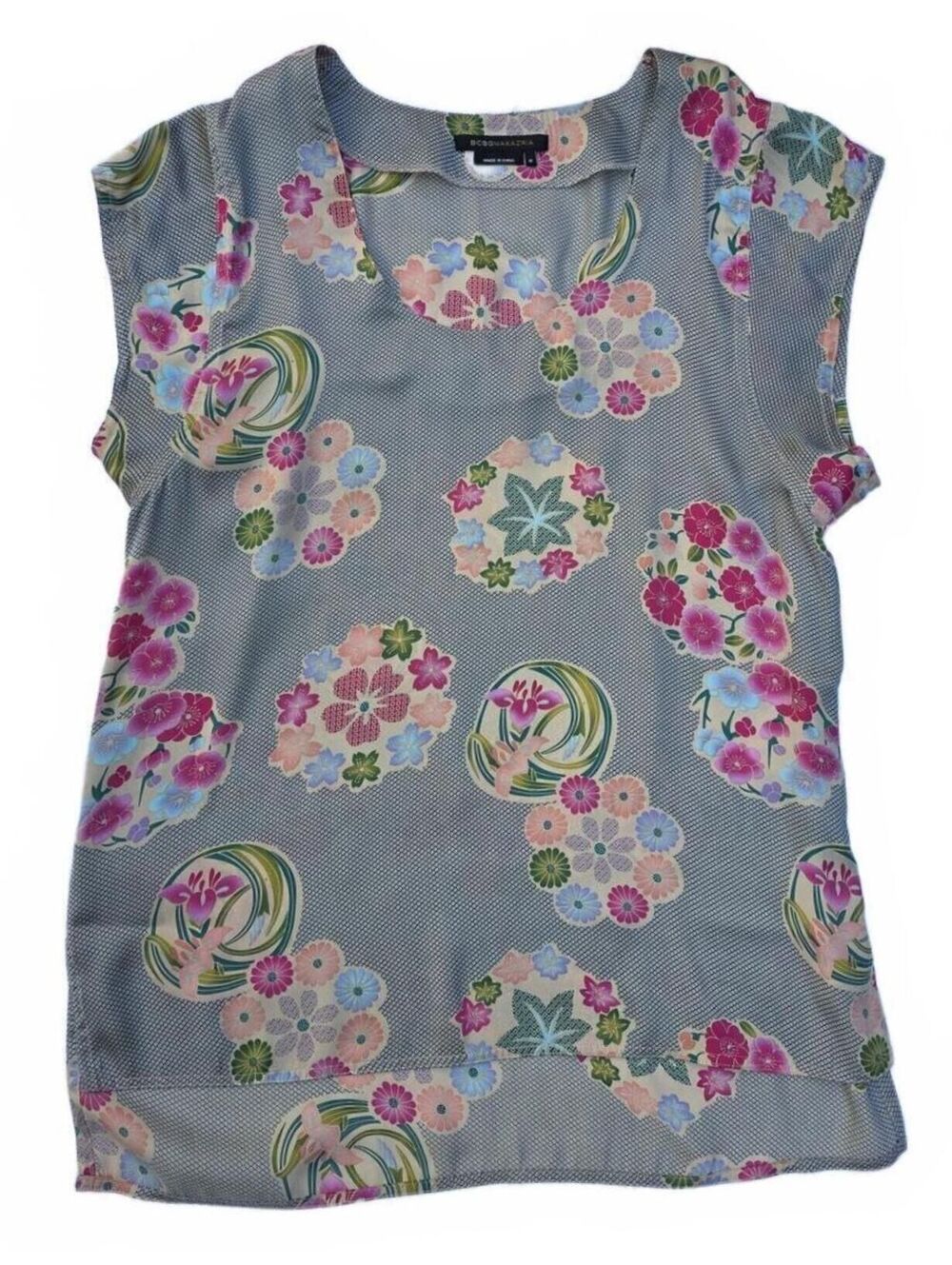 BCBG Y2K Traditional Japanese Inspired Floral Print Top Short Sleeve Silver/Grey